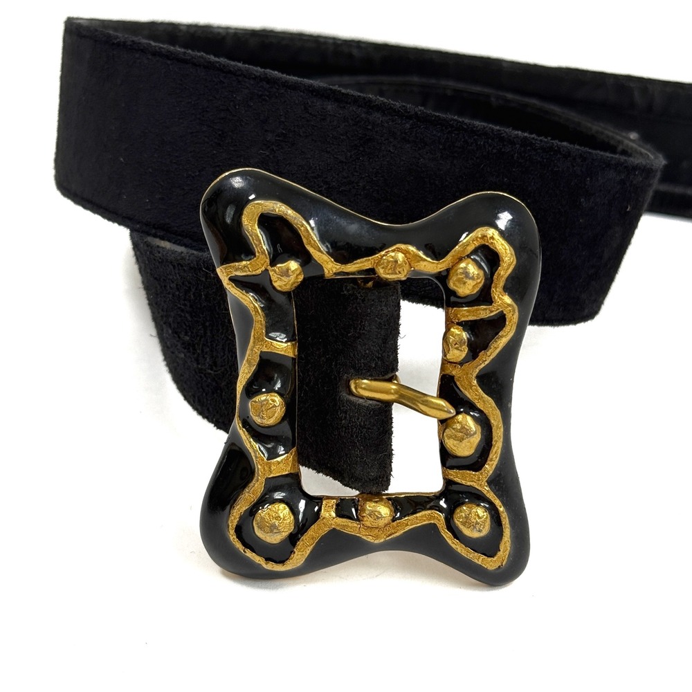 RARE Christian Lacroix Paris Vintage‎ Black Suede Belt Gold Buckle Size 70 75